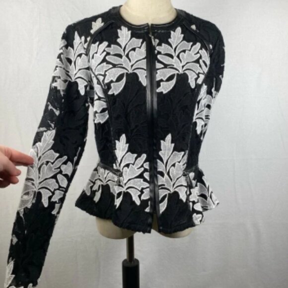 INC International Concepts | Black & White Lace Peplum Jacket | Women’s Medium - Picture 3 of 16